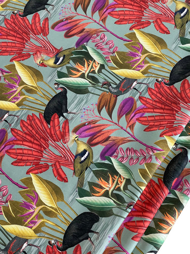 Crimson Canopy Bird Print Fabric – Organic Cotton – Jungle Leaf Curtain - Decor Textile